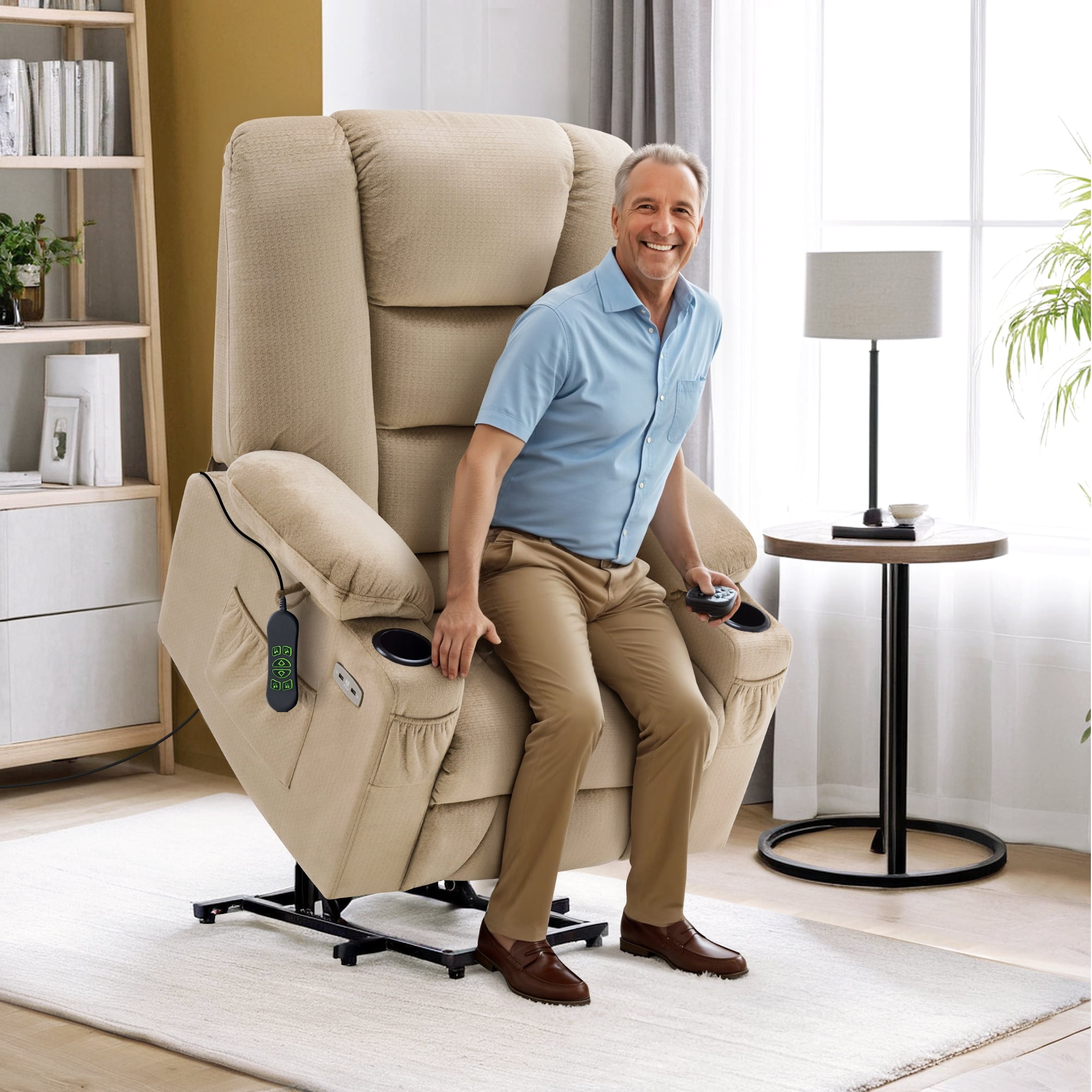 MCombo Large Power Lift Recliner Chair Sofa with Massage and Heat for Elderly People, Extended Footrest, Hand Remote Control, Cup Holders, USB Ports, Fabric 7549 (Large, Beige)