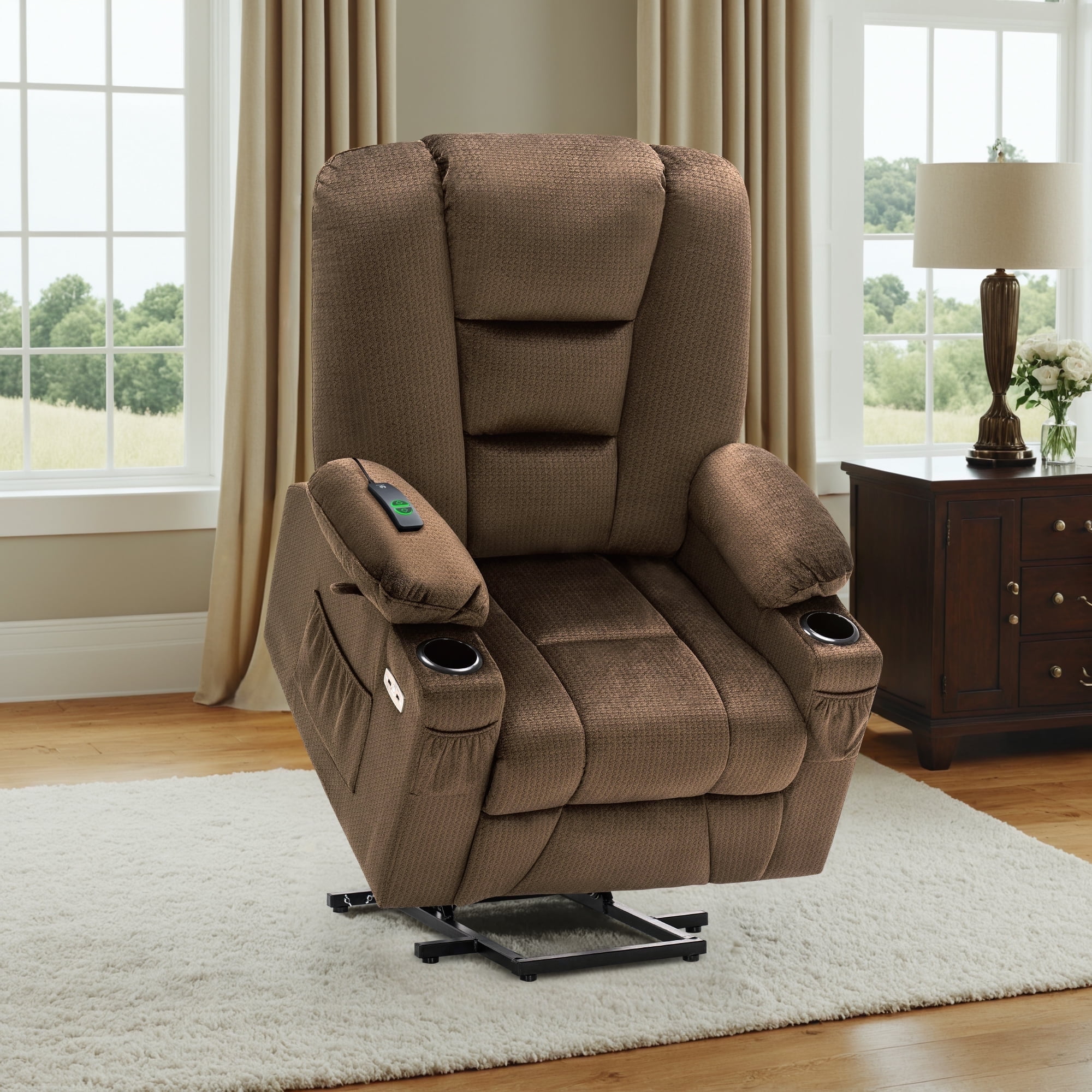 MCombo Large Power Lift Recliner Chair Sofa with Massage and Heat for Elderly People, Extended Footrest, Hand Remote Control, Lumbar Pillow, Cup Holders, USB Ports, Fabric 7549 (Large, Brown)