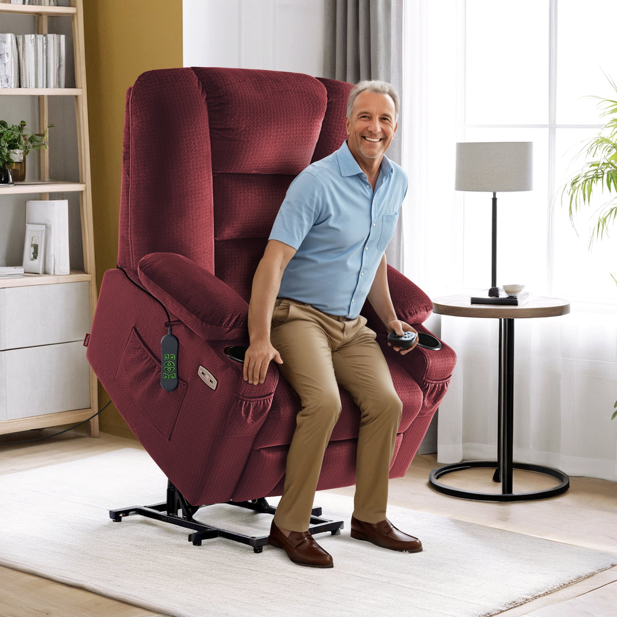MCombo Large Power Lift Recliner Chair Sofa with Massage and Heat for Elderly People, Extended Footrest, Hand Remote Control, Lumbar Pillow, USB Ports, Fabric 7549 (Large, Burgundy)