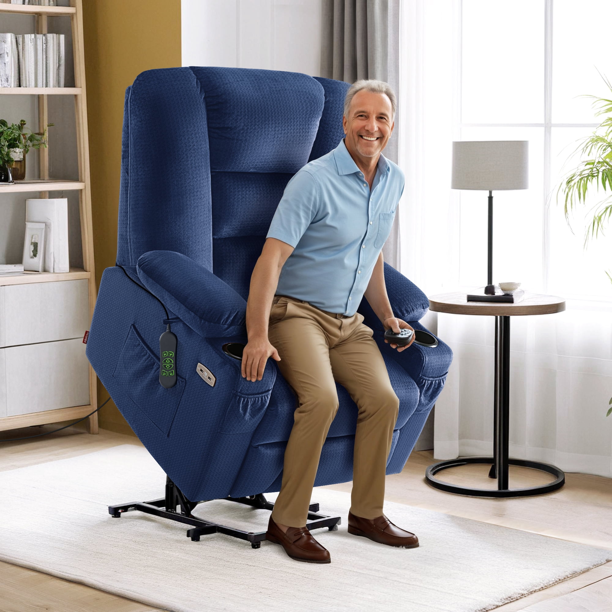 MCombo Large Power Lift Recliner Chair Sofa with Massage and Heat for Elderly People, Extended Footrest, Hand Remote Control, USB Ports, Fabric 7549 (Large, Navy Blue)