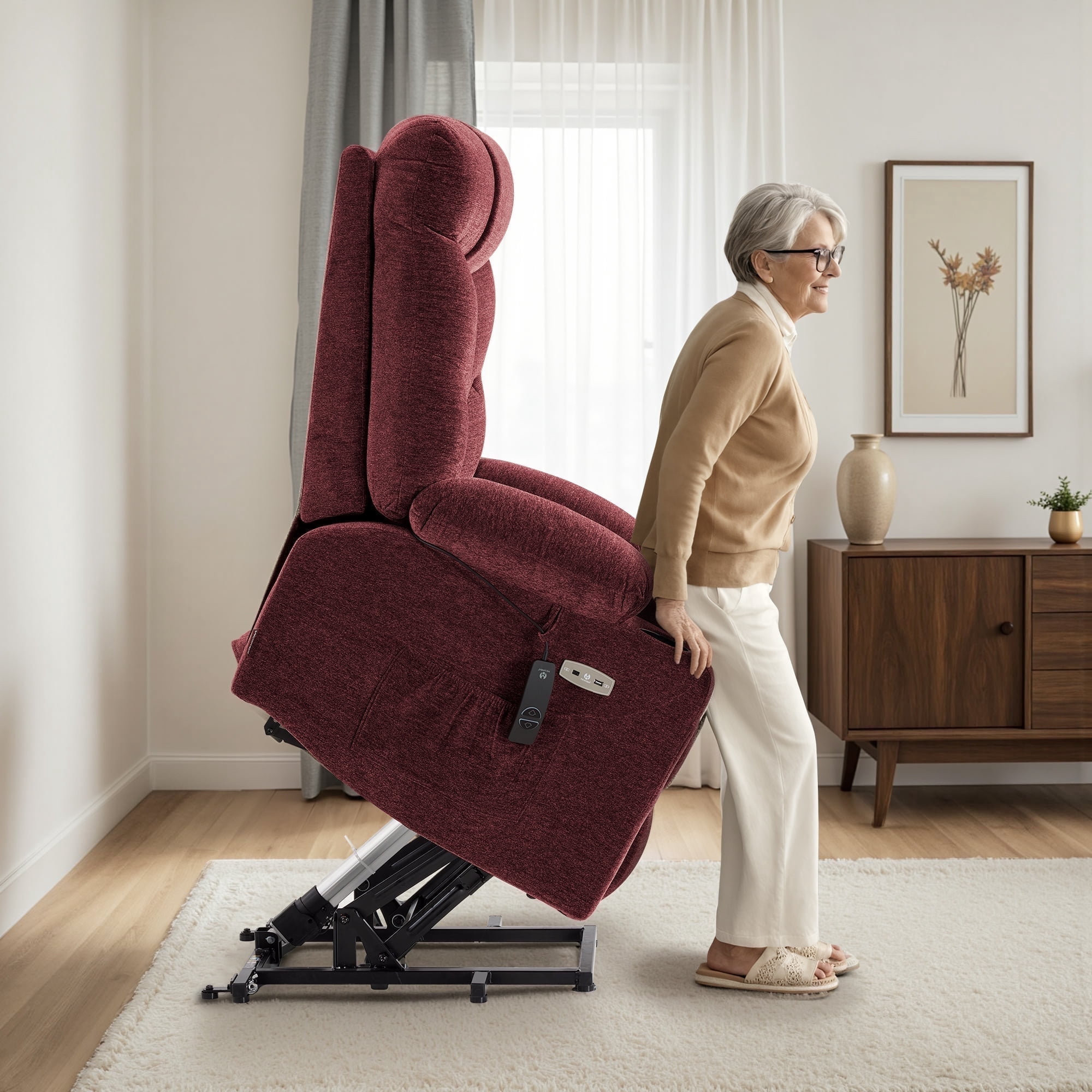 MCombo Large Power Lift Recliner Chair with Extended Footrest for 5'7"-6'2" Elderly People, Fabric, Burgundy