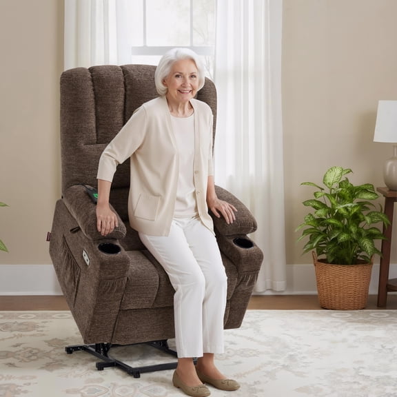 MCombo Large Power Lift Recliner Chair with Vibration Massage and Heat for Elderly, Fabric, Coffee