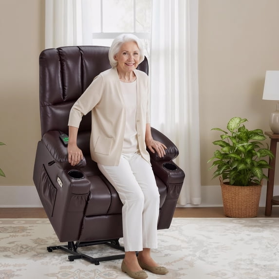 MCombo Large Power Lift Recliner Chair with Vibration Massage and Heat for Elderly, , Faux Leather, Dark Brown