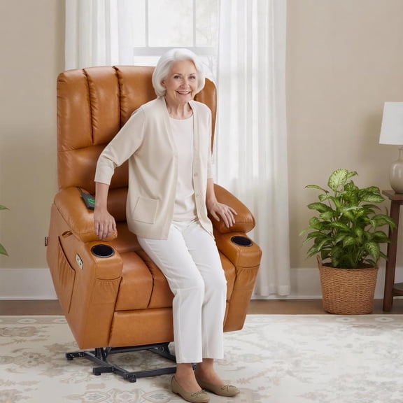 MCombo Large Power Lift Recliner Chair with Vibration Massage and Heat for Elderly, , Faux Leather, Tawny