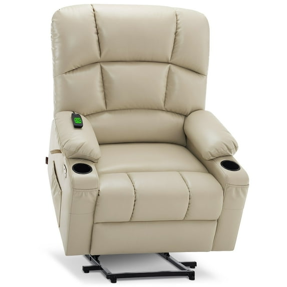 MCombo Large-Wide Lay Flat Dual Motor Power Lift Recliner Chair Sofa with Massage and Heat for Big Elderly People, Infinite Position, Faux Leather R7688 (Beige, Large-Wide)