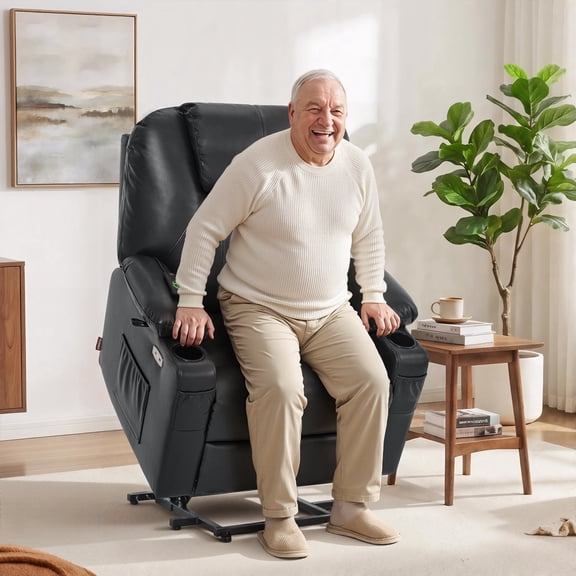 MCombo Large-Wide Power Lift Recliner Chair Sofa with Massage and Heat for Elderly People, Cup Holders, USB&Type C Ports, Side Pockets, Faux Leather (Black, Large-Wide)