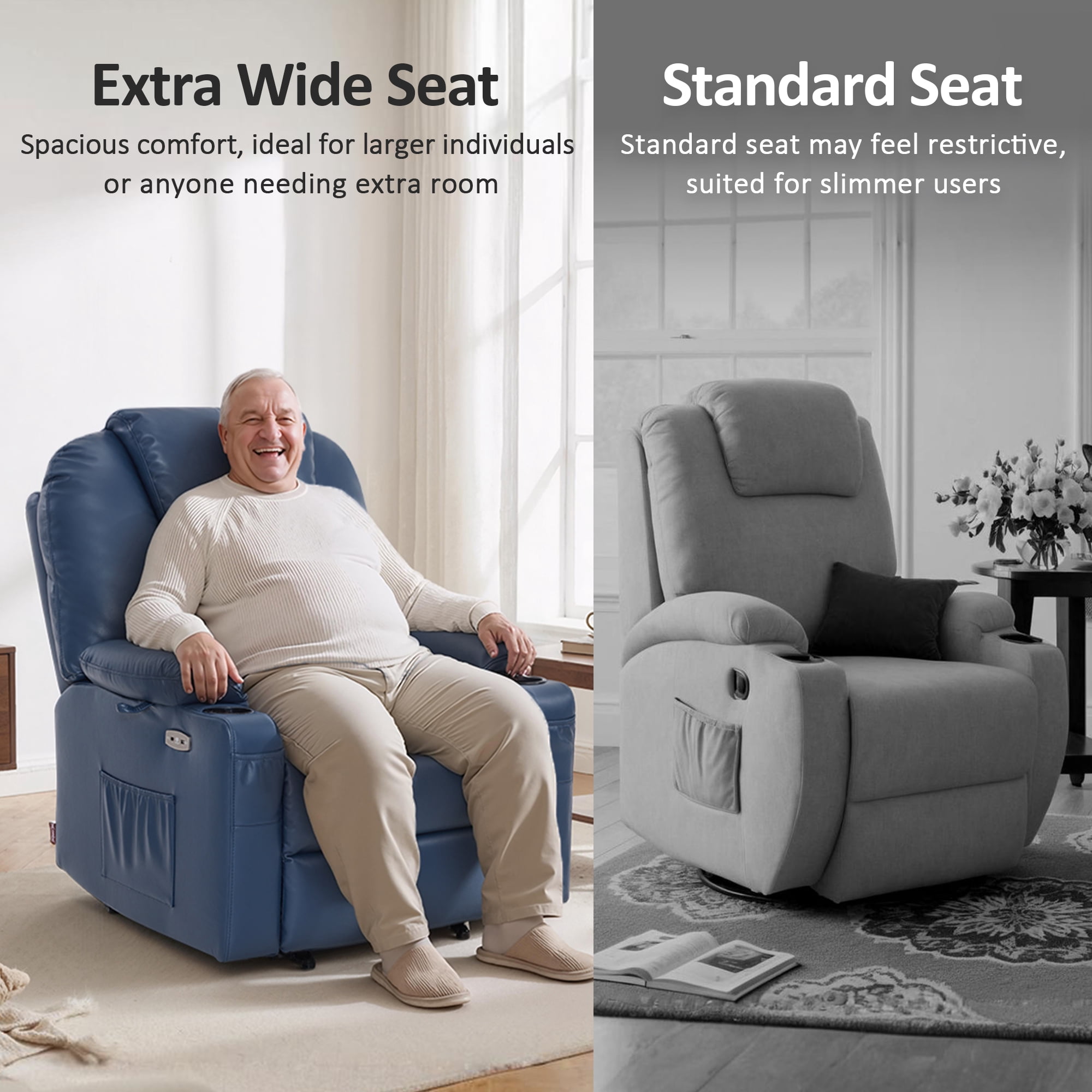 MCombo Large-Wide Power Lift Recliner Chair Sofa with Massage and Heat for Elderly People, Cup Holders, USB&Type C Ports, Side Pockets, Faux Leather (Blue, Large-Wide)