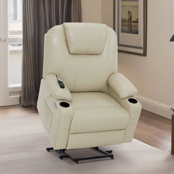 MCombo Large-Wide Power Lift Recliner Chair Sofa with Massage and Heat for Elderly People, Cup Holders, USB&Type C Ports, Side Pockets, Faux Leather (Cream White, Large-Wide)