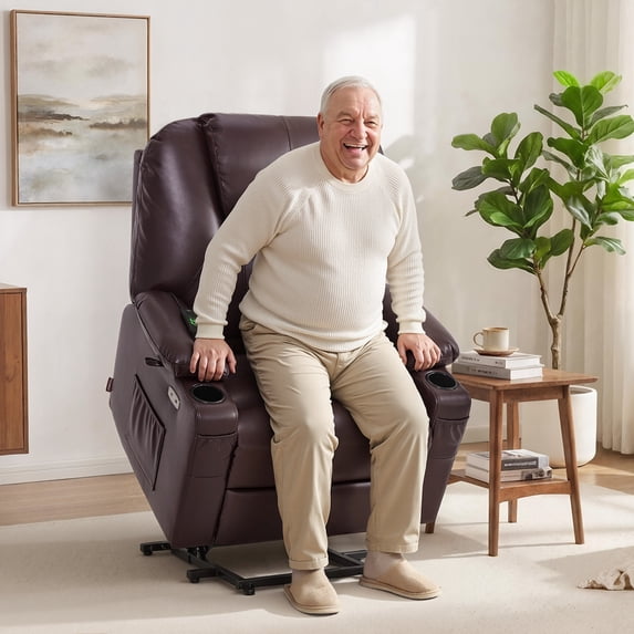 MCombo Large-Wide Power Lift Recliner Chair Sofa with Massage and Heat for Elderly People, Cup Holders, USB&Type C Ports, Side Pockets, Faux Leather (Dark Brown, Large-Wide)