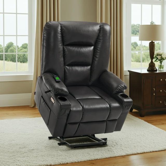 MCombo Large-Wide Power Lift Recliner Chair with Massage and Heat for Big and Tall Elderly People, Faux Leather R7541 (Black, Large-Wide)