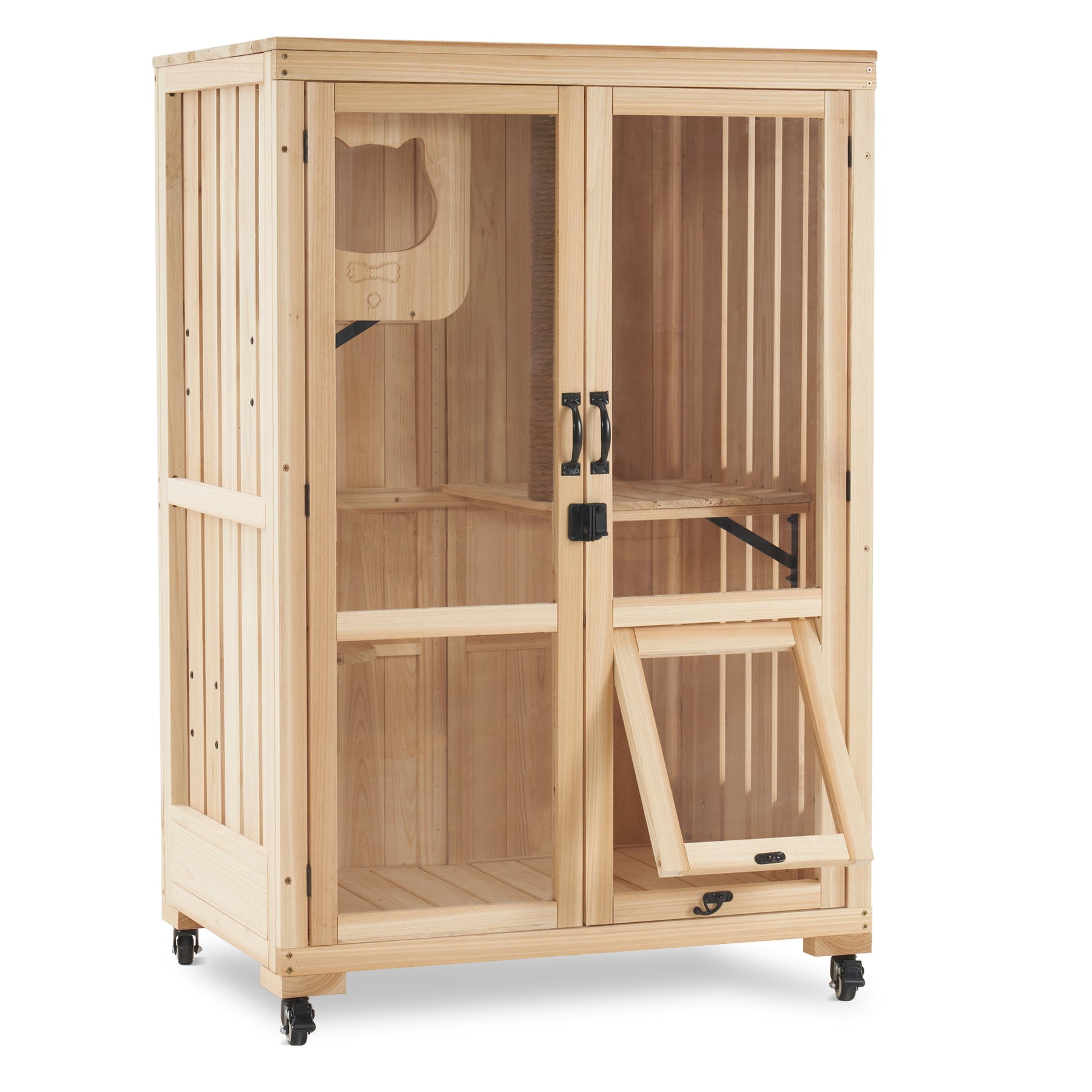 Natural Fir Wood Freestanding Luxury Cat House with Wheels
