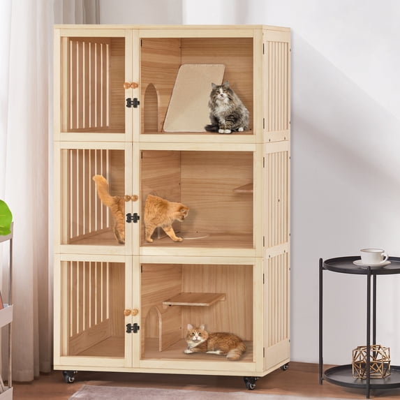 MCombo Large Wooden Cat House Villa, Off-White triple cat condo with scratching pad CT32