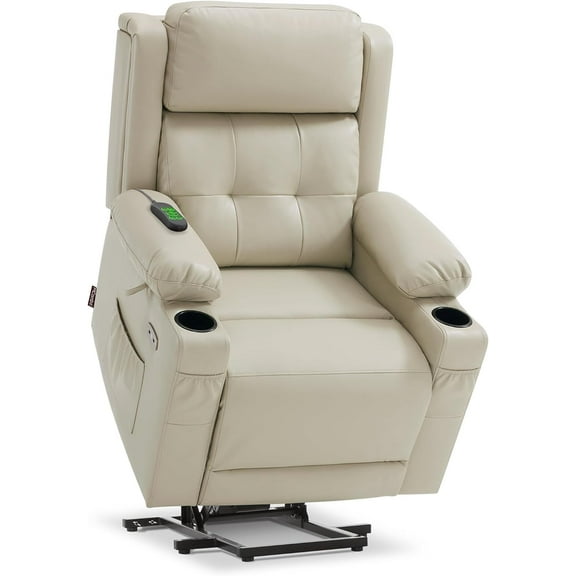 MCombo Lay Flat Dual Motor Power Lift Recliner Chair Sofa with Heat and Massage, Adjustable Headrest for Elderly, Infinite Position, Faux Leather 7661(Beige)