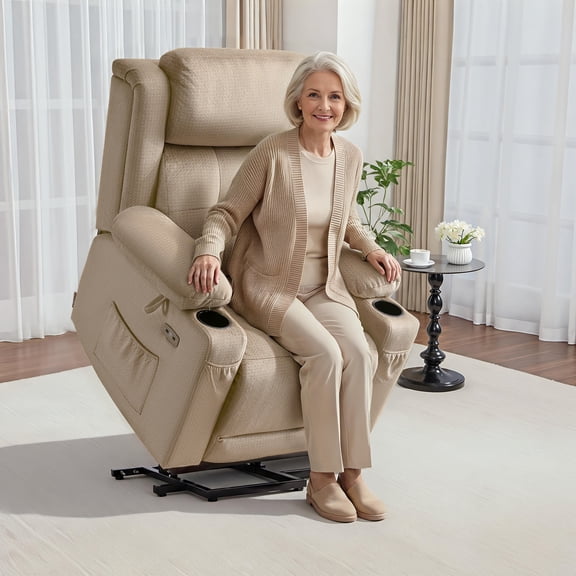 MCombo Lay Flat Triple Motor Power Lift Recliner Chair for Elderly, Adjustable Headrest, Fabric(Beige)