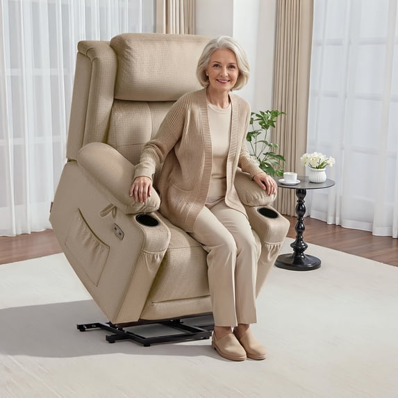 MCombo Lay Flat Triple Motor Power Lift Recliner Chair for Elderly, Adjustable Headrest, Fabric(Beige)