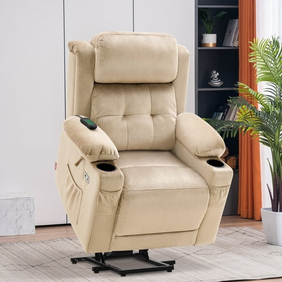 MCombo Lay Flat Triple Motor Power Lift Recliner Chair for Elderly, Adjustable Headrest, Fabric(Beige)