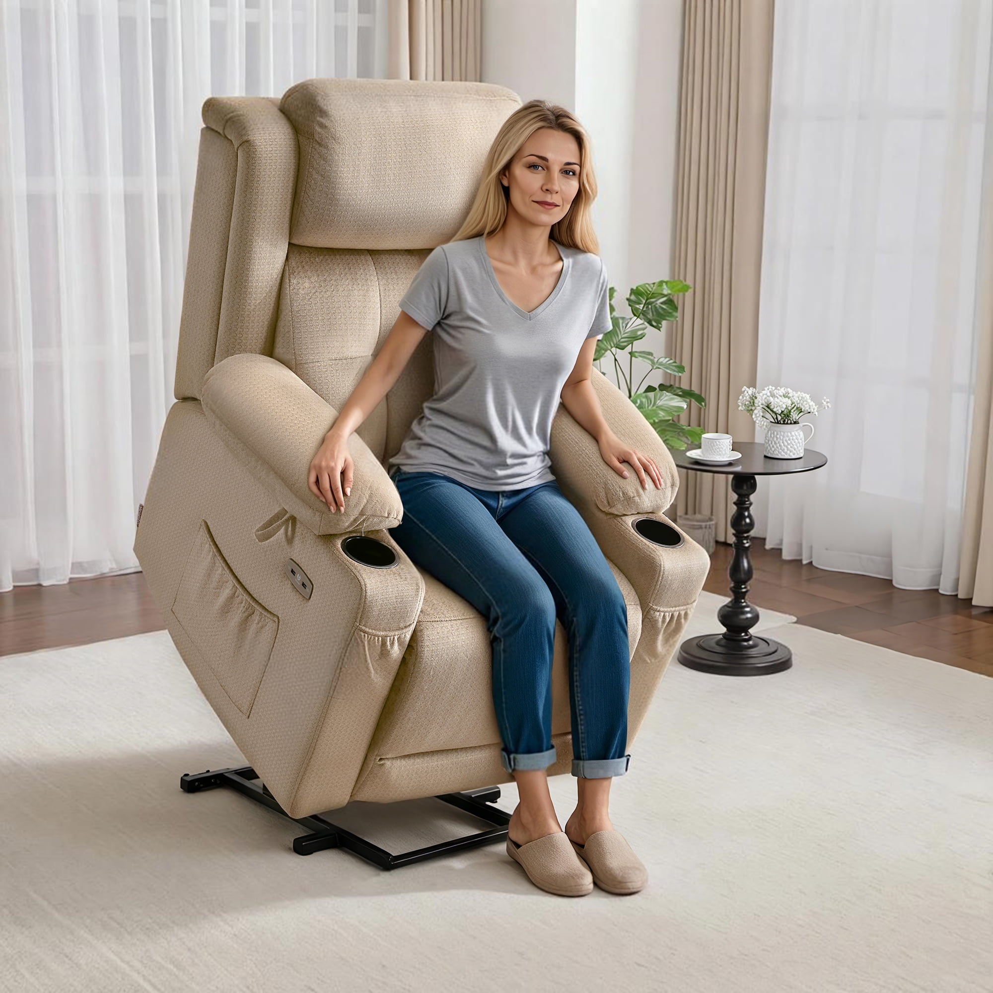 MCombo Lay Flat Triple Motor Power Lift Recliner for Big and Tall, Adjustable Headrest, Fabric(Beige)