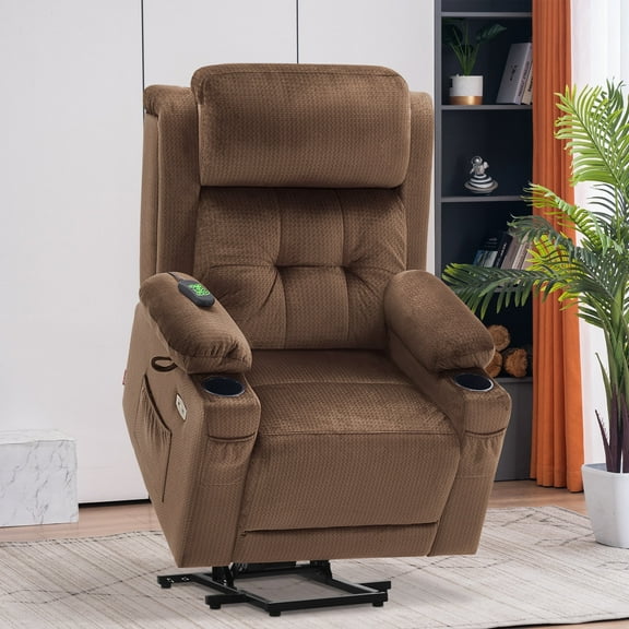 MCombo Lay Flat Triple Motor Power Lift Recliner for Big and Tall, Adjustable Headrest, Fabric(Brown)