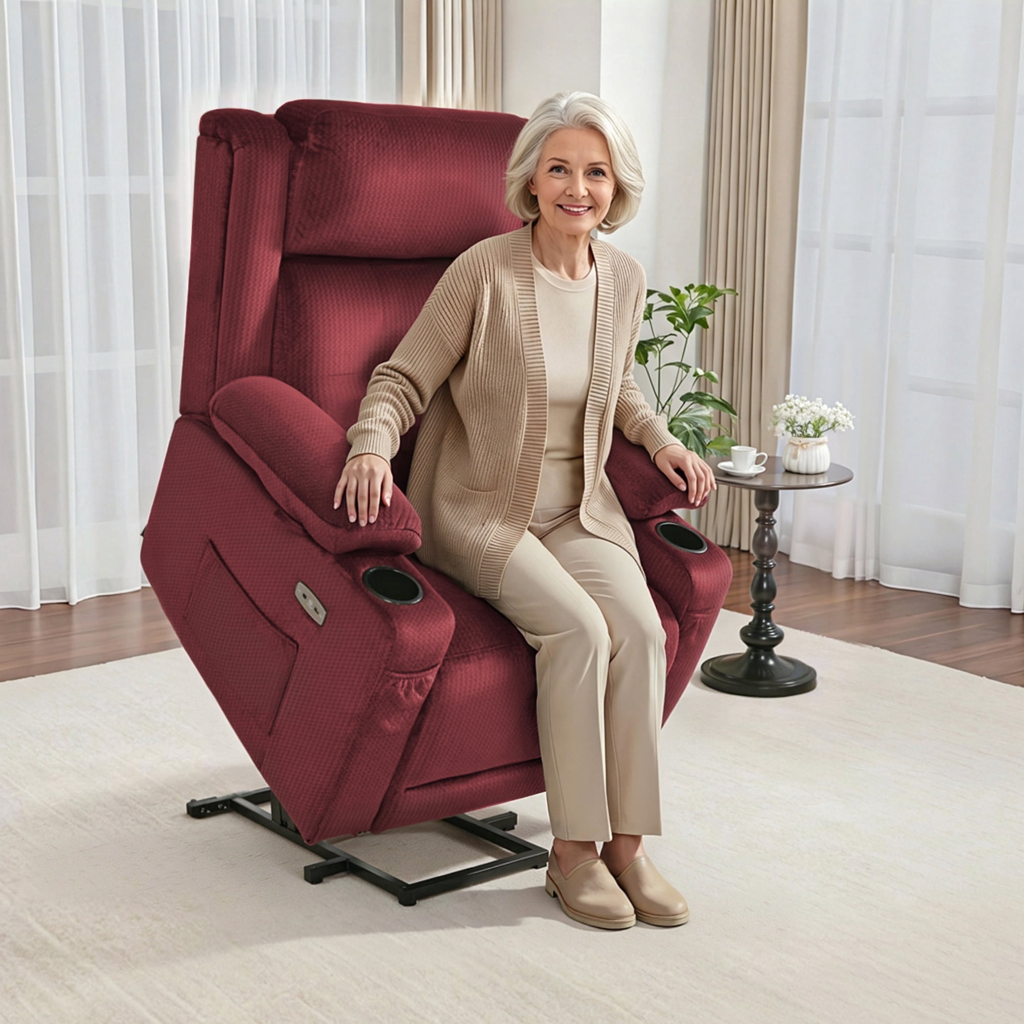 MCombo Lay Flat Triple Motor Power Lift Recliner for Elderly, Adjustable Headrest, Fabric(Burgundy)