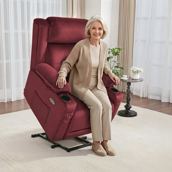MCombo Lay Flat Triple Motor Power Lift Recliner for Elderly, Adjustable Headrest, Fabric(Burgundy)