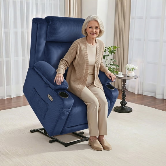 MCombo Lay Flat Triple Motor Power Lift Recliner for Elderly, Adjustable Headrest, Fabric(Navy Blue)