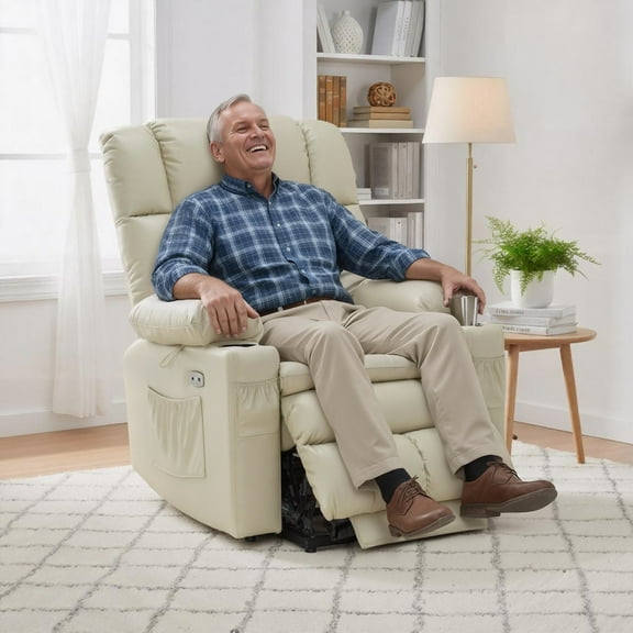 MCombo Lay Flat Dual Motor Power Lift Recliner for Elderly, Infinite Position, Faux Leather (Cream White)