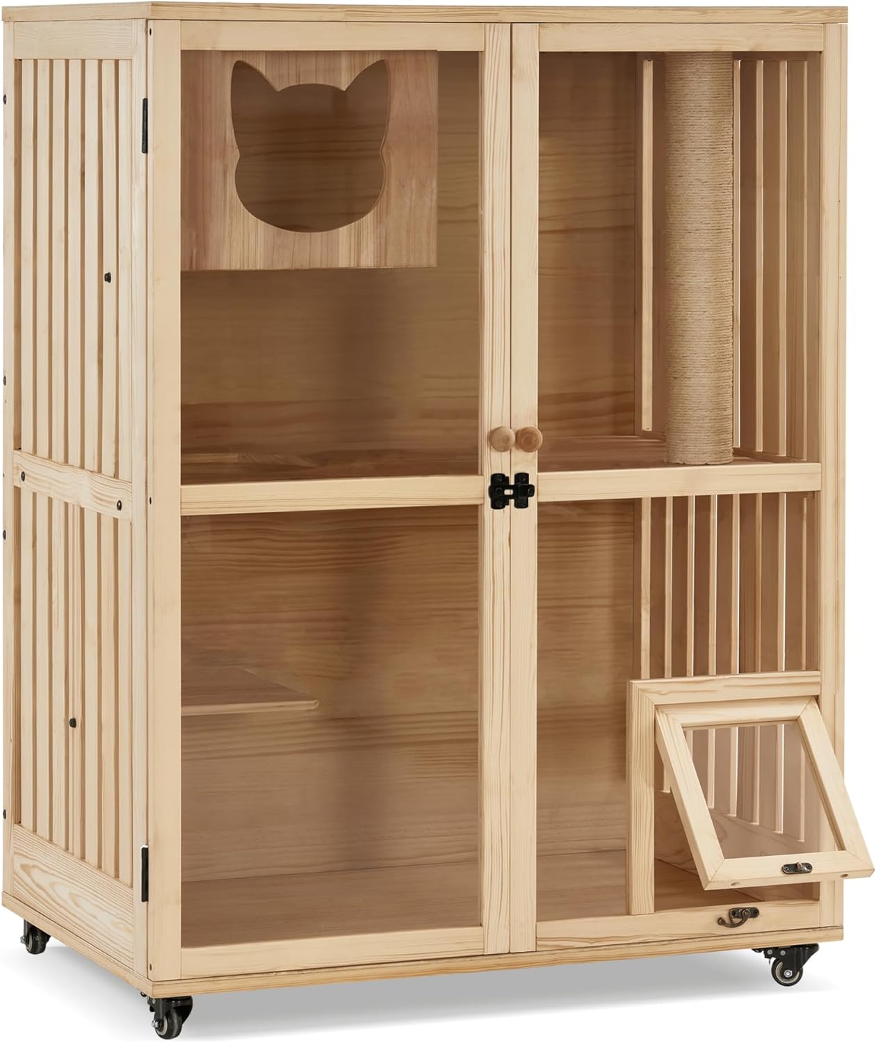 Luxury Wood Cat House with Scratching Post, Wooden Indoor Cat