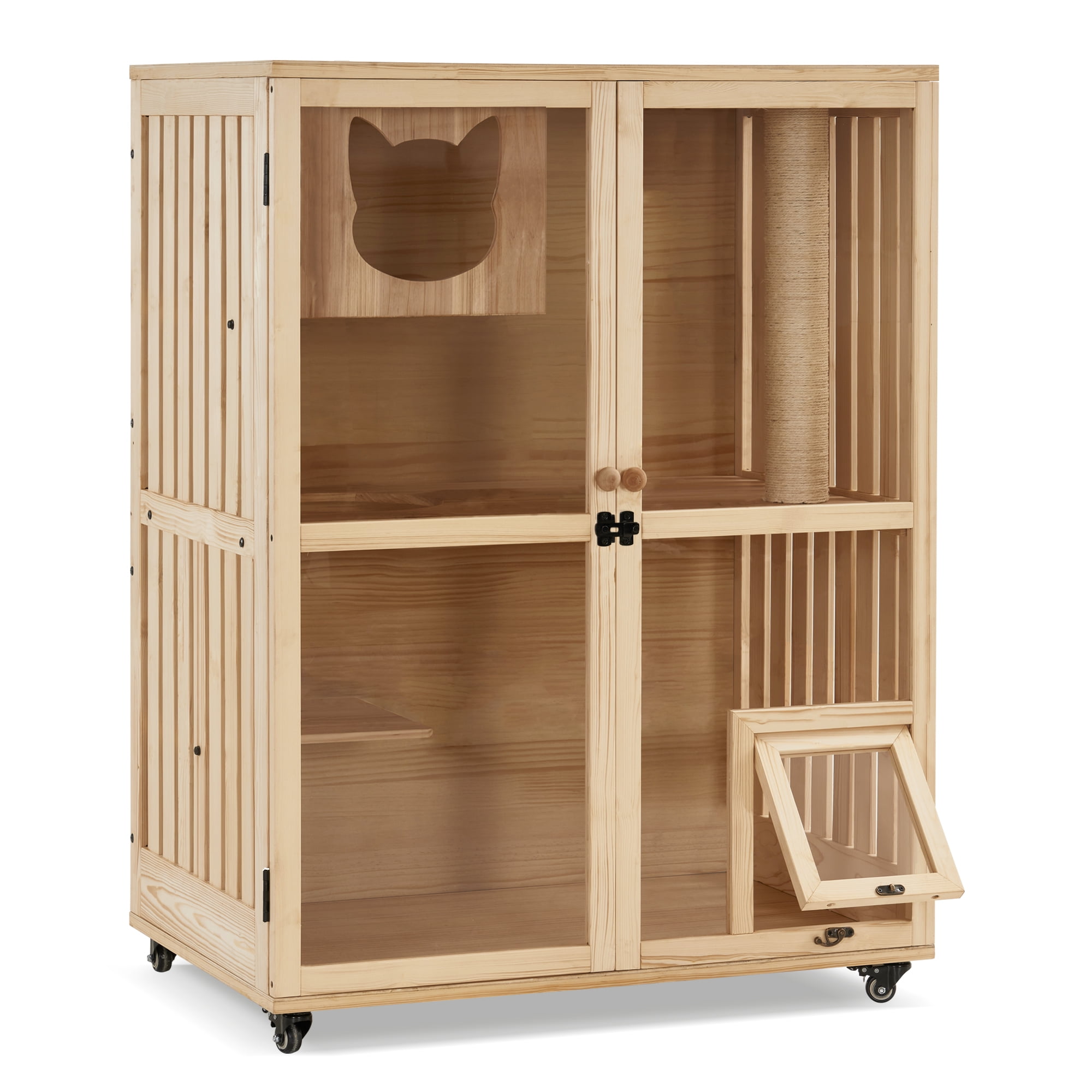 48" Natural Fir Wood Cat Condo with Scratching Post and Wheels