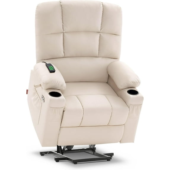 MCombo Medium Dual Motor Power Lift Recliner Chair with Massage and Heat for Elderly People, Infinite Position, Extended Footrest, Faux Leather 7679 (Cream White, Medium)