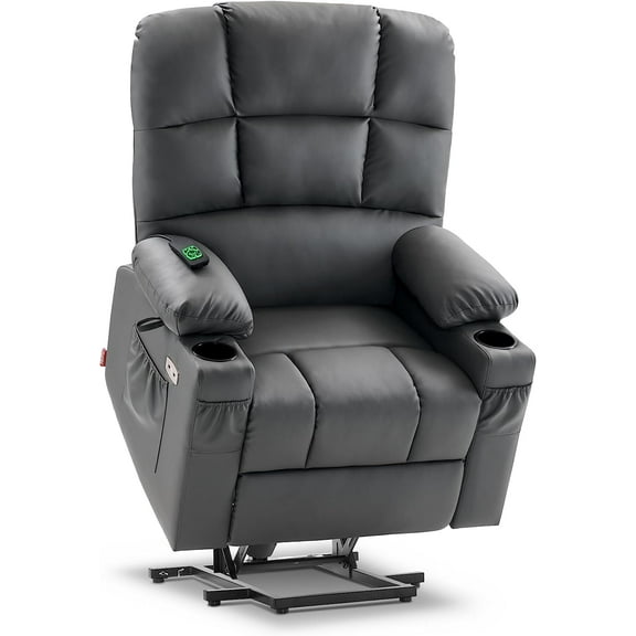 MCombo Medium Dual Motor Power Lift Recliner Chair with Massage and Heat for Elderly People, Infinite Position, Extended Footrest, Faux Leather 7679 (Dark Grey, Medium)