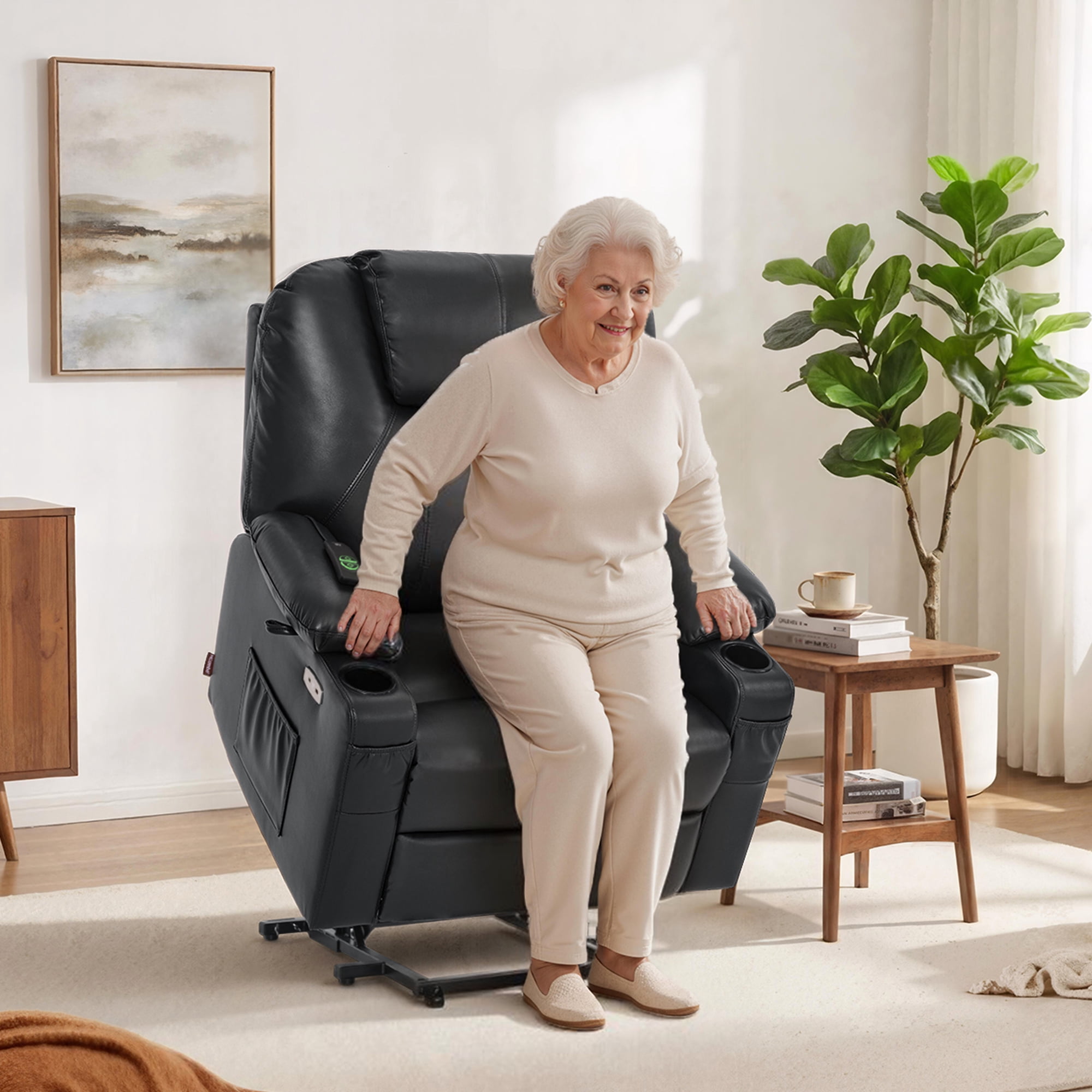 MCombo Medium-Wide Power Lift Recliner Chair Sofa with Massage and Heat for Elderly People, Cup Holders, USB&Type C Ports, Side Pockets, Faux Leather (Black, Medium-Wide)