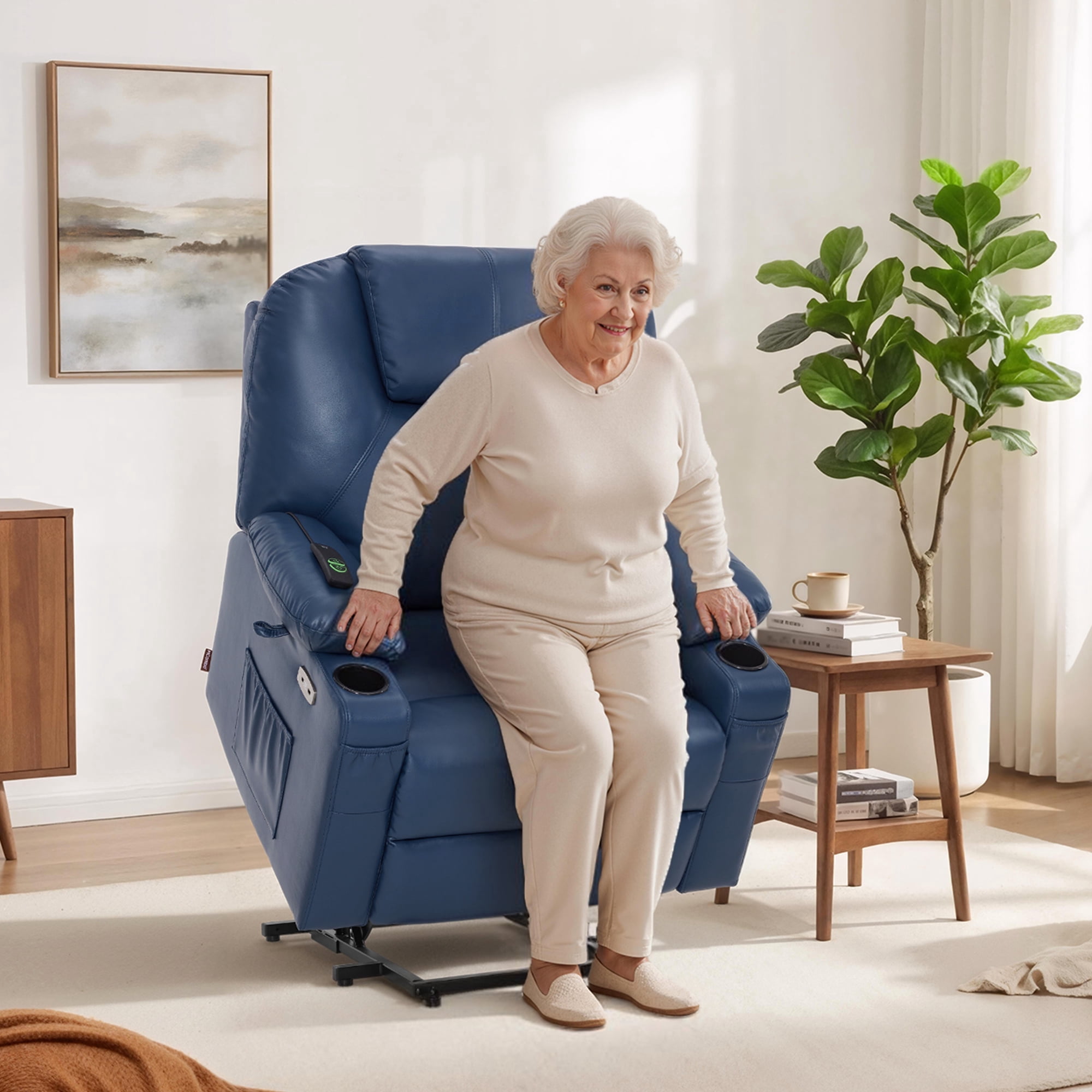 MCombo Medium-Wide Power Lift Recliner Chair Sofa with Massage and Heat for Elderly People, Cup Holders, USB&Type C Ports, Side Pockets, Faux Leather (Blue, Medium-Wide)