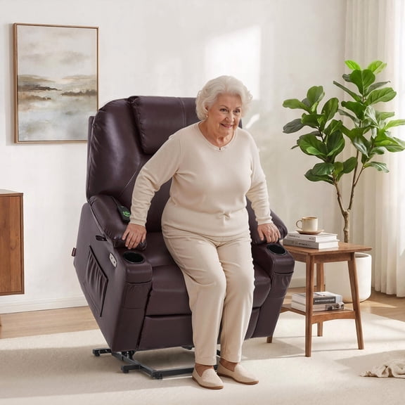 MCombo Medium-Wide Power Lift Recliner Chair Sofa with Massage and Heat for Elderly People, Cup Holders, USB&Type C Ports, Side Pockets, Faux Leather (Dark Brown, Medium-Wide)