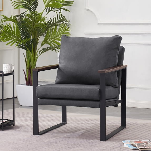 MCombo Modern Accent Chair, Armchair with Upholstered Cushion for Living Room Bedroom, Faux Leather(Dark Grey)