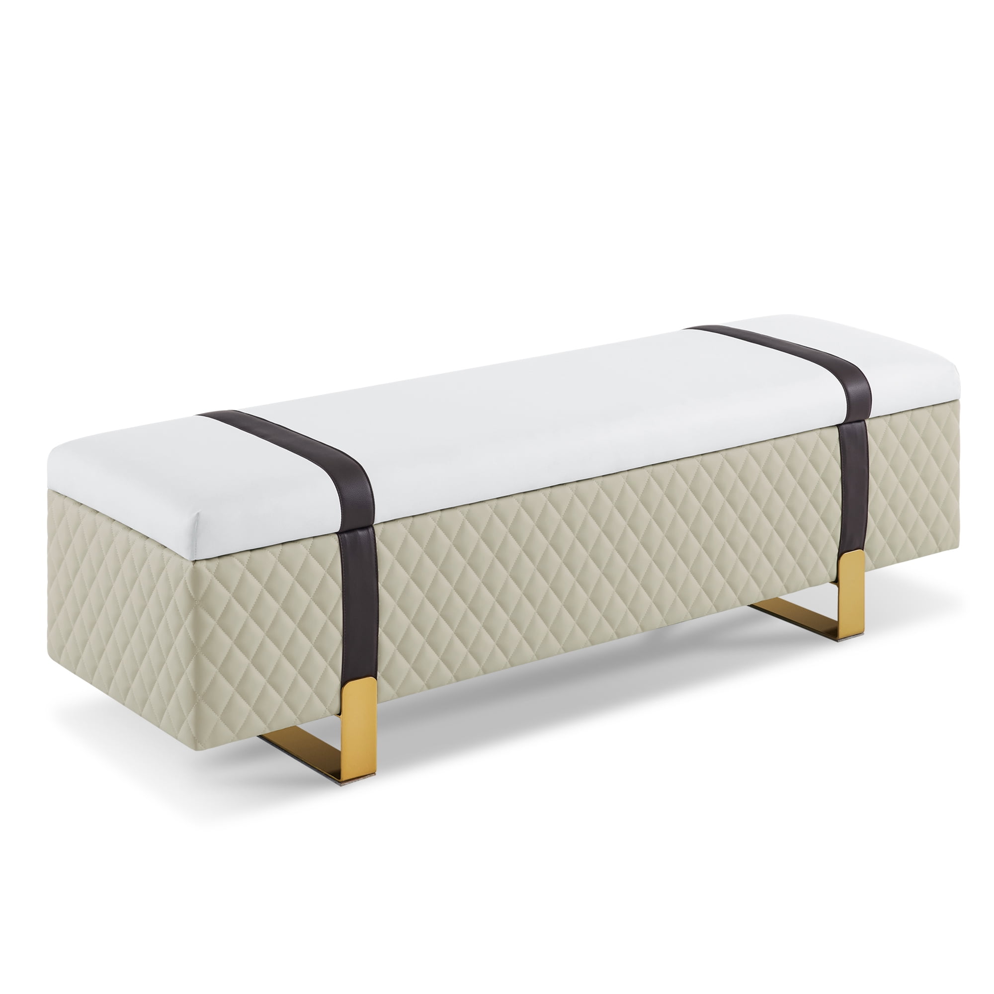 Beige Faux Leather Upholstered Footstool with Gold Metal Legs