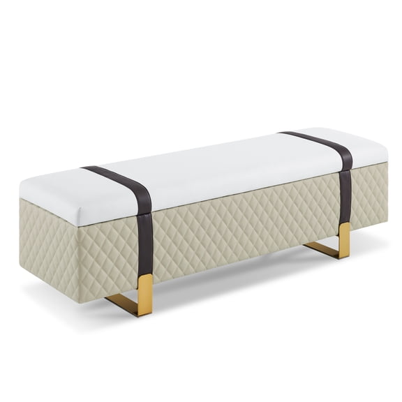MCombo Modern Storage Ottoman Bench, Faux Leather Upholstered Footstool with Storage Space, Bed End Bench for Bedroom, Living Room, Entryway W463(Beige)