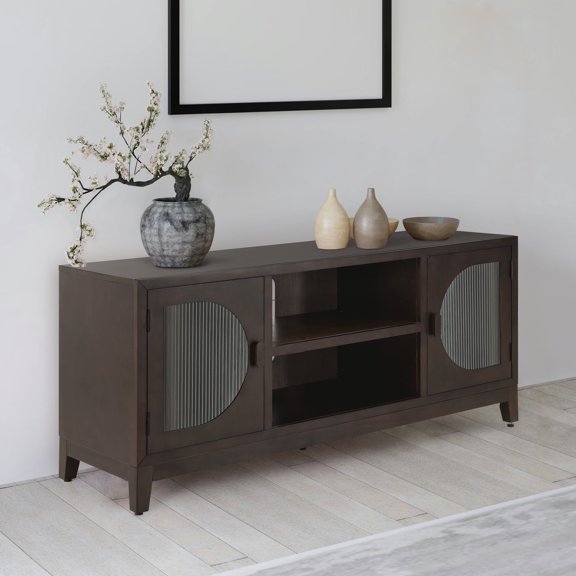 MCombo Modern TV Stand for 65 Inch TV, Solid Rubber Wood Media Console for Living Room