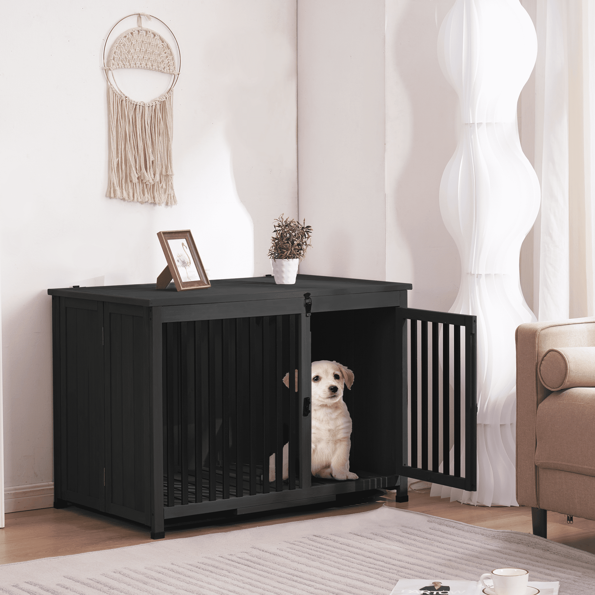 Large Black Wooden Dog Crate Furniture End Table