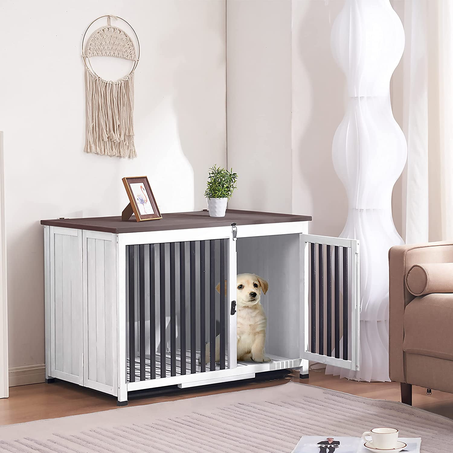 Large White and Brown Wooden Dog Crate End Table