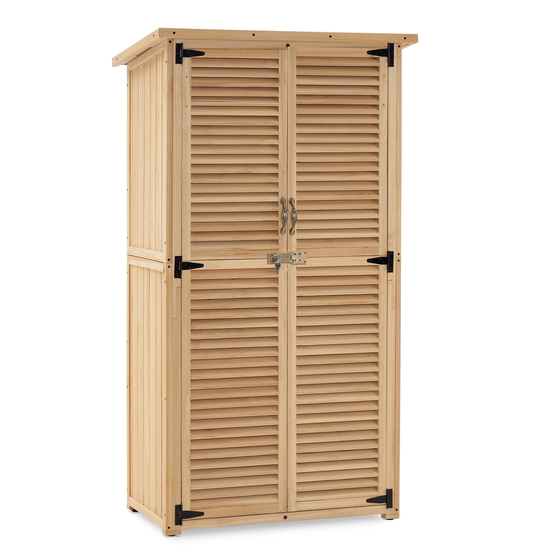 MCombo Outdoor Wooden Storage Cabinet, Garden Tool Shed w/ Latch, Outside Tools Wood Cabinet Double Doors