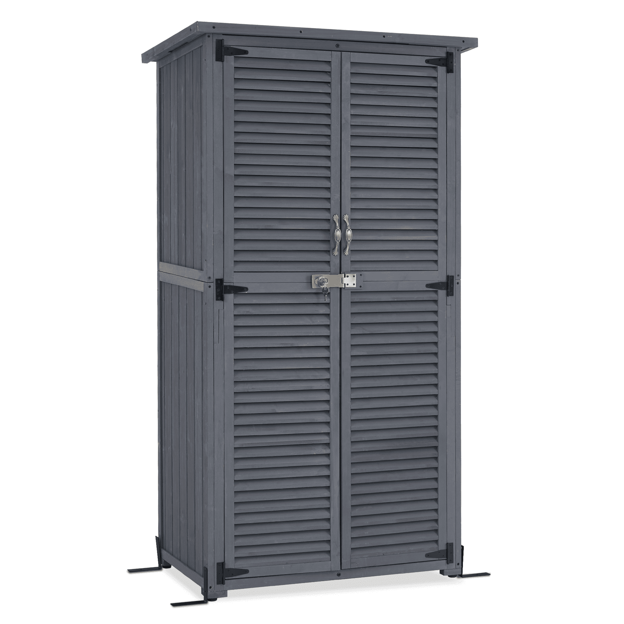 MCombo Outdoor Wooden Storage Cabinet, Garden Tool Shed w/ Latch, Outside Tools Wood Cabinet Double Doors