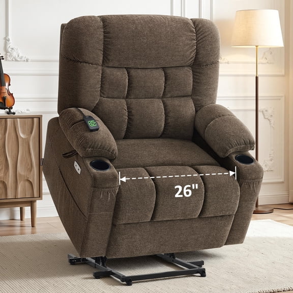 MCombo 26" Extra Wide Dual Motor Lift Chair, Dual Zone Heat, Infinite Position Recliner for Elderly, Brown Fabric