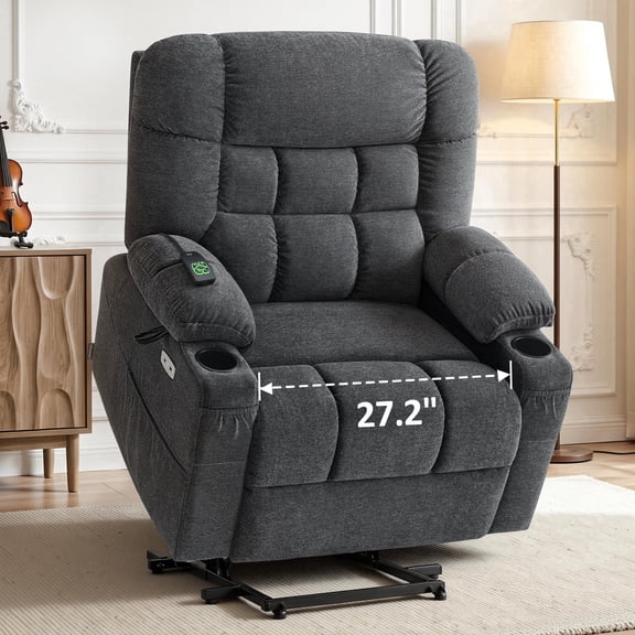 MCombo 27.2" Extra Wide Dual Motor Lift Chair, Dual Zone Heat, Infinite Position Recliner for Elderly, Dark Grey Fabric