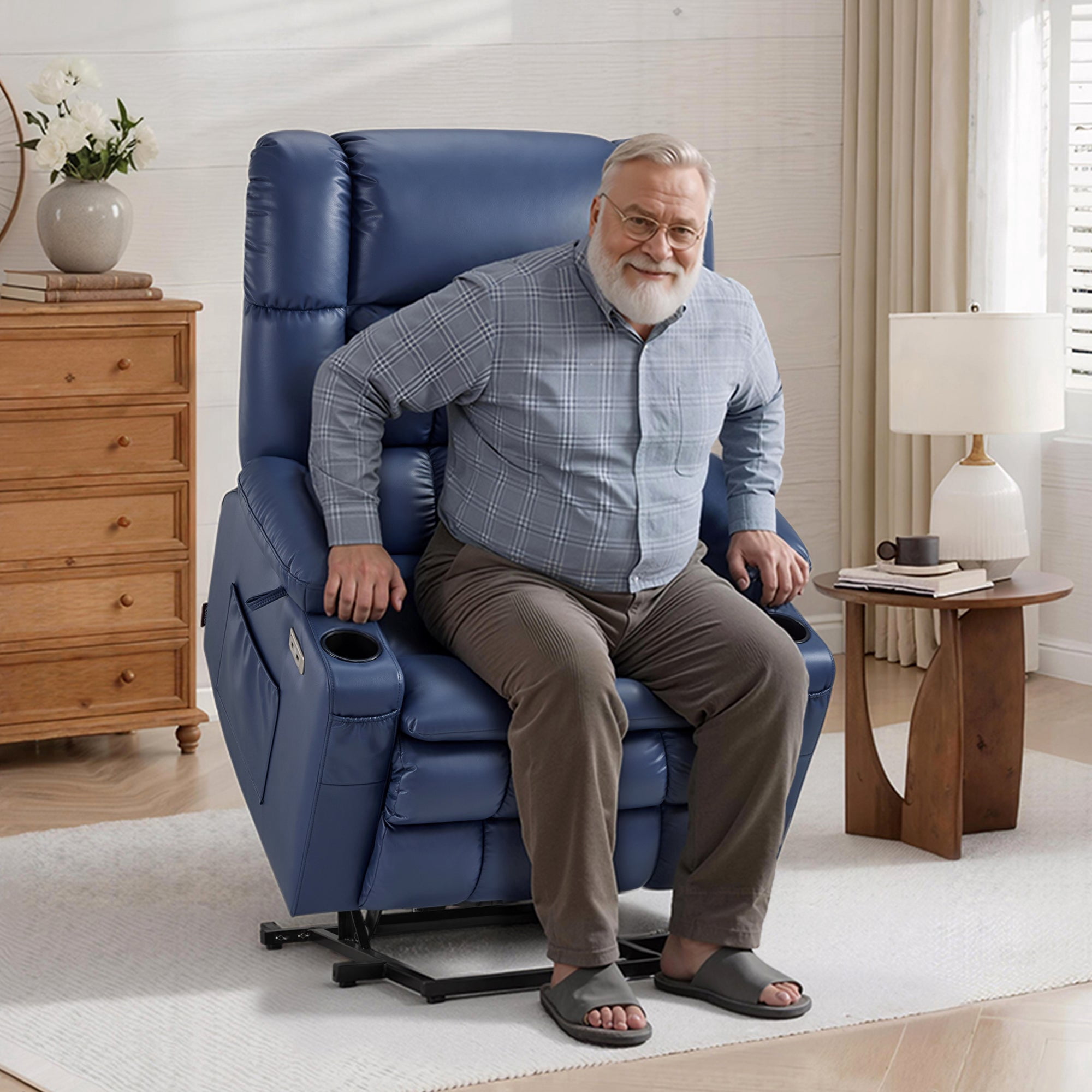 MCombo Oversized Dual Motor Power Lift Recliner Chair for Big Tall Elderly, Infinite Position, Faux Leather, Blue