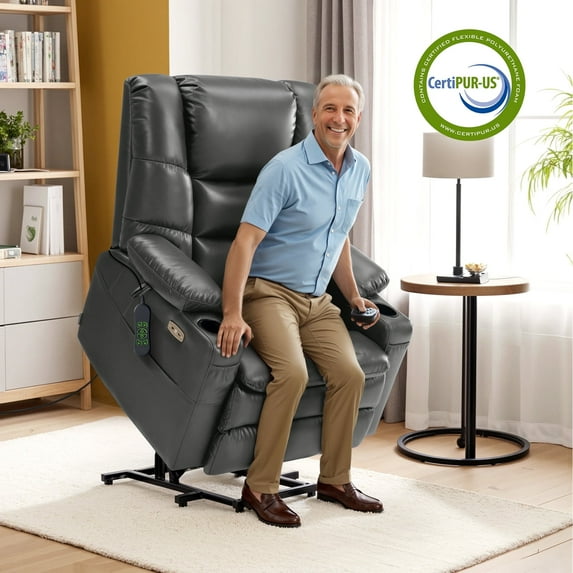 MCombo Oversized Triple Motor Power Lift Recliner with Adjustable Headrest for Big Tall Elderly, Faux Leather R7635(Dark Gray, Large-Wide)