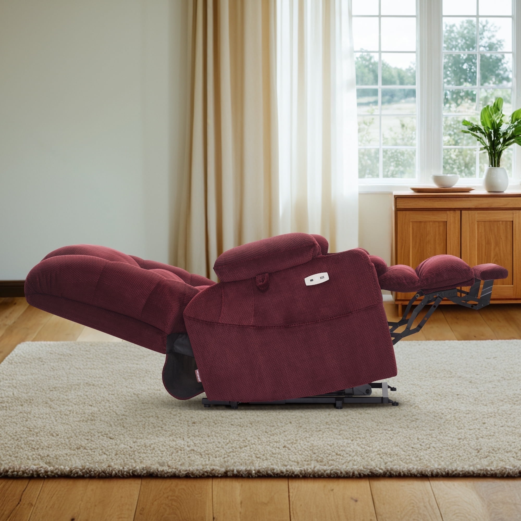 MCombo Oversized Triple Motor Power Lift Recliner with Adjustable Headrest for Big Tall Elderly, Fabric(Burgundy, Large-Wide)