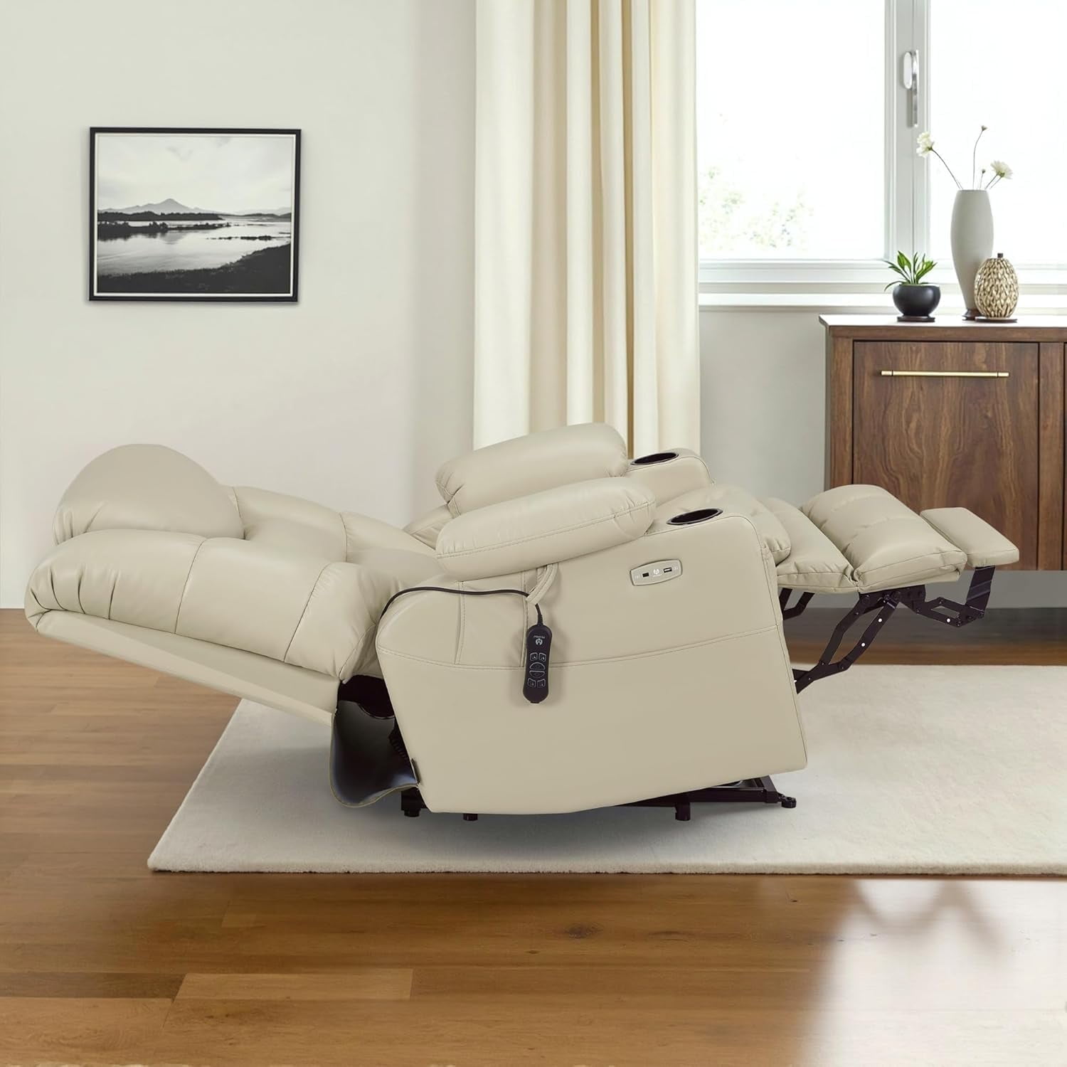 MCombo Oversized Triple Motor Power Lift Recliner with Adjustable Headrest for Big Tall Elderly, Faux Leather(Beige, Large-Wide)