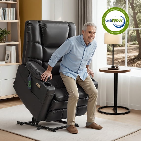MCombo Oversized Triple Motor Power Lift Recliner with Adjustable Headrest for Big Tall Elderly, Faux Leather(Black, Large-Wide)