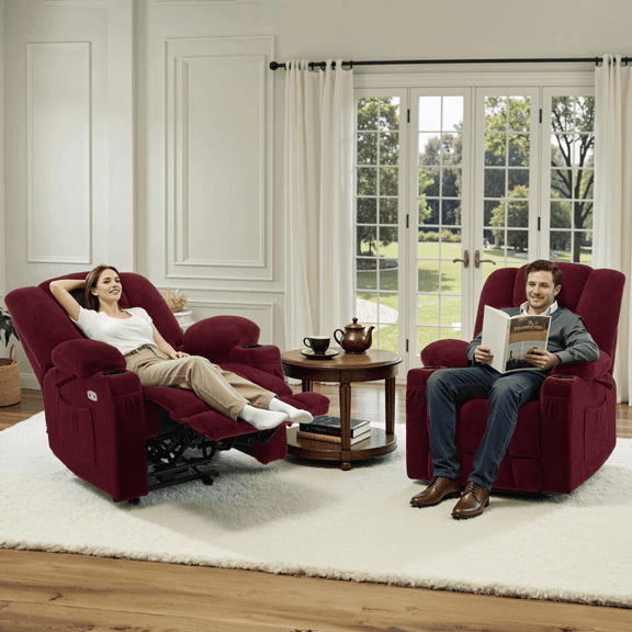MCombo Power Electric Recliner Chair with Heat and Vibration, Fabric Living Room Chair, Burgundy