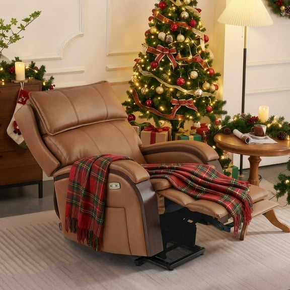 MCombo Power Lift Recliner Chair Sofa with Massage and Heat, Adjustable Headrest for Elderly People, Solid Wood Armrest, USB Ports, Side Pockets, Breathable Leather 7917 (Tawny, Medium)
